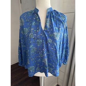 J‎ Jill Blouse Womens XS Petite Blue Floral Print Long Sleeve Top Boho Shirt